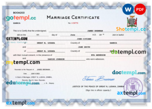 Zambia marriage certificate Word and PDF template, fully editable