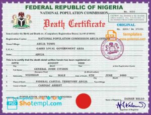 Nigeria vital record death certificate PSD template, version 2