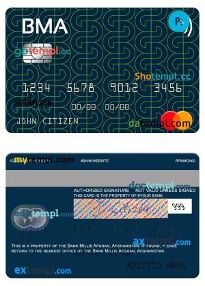 Afghanistan Bank Millie Afghan mastercard template in PSD format