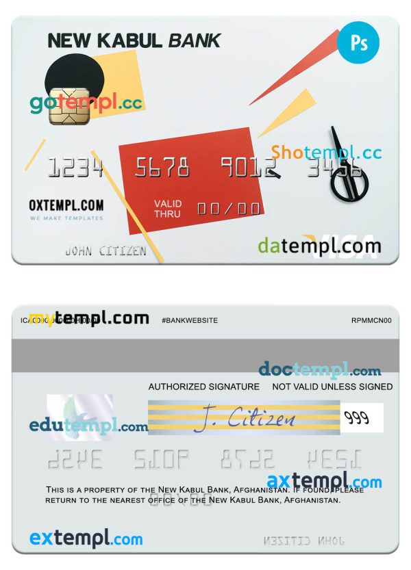 Afghanistan New Kabul Bank visa card template in PSD format
