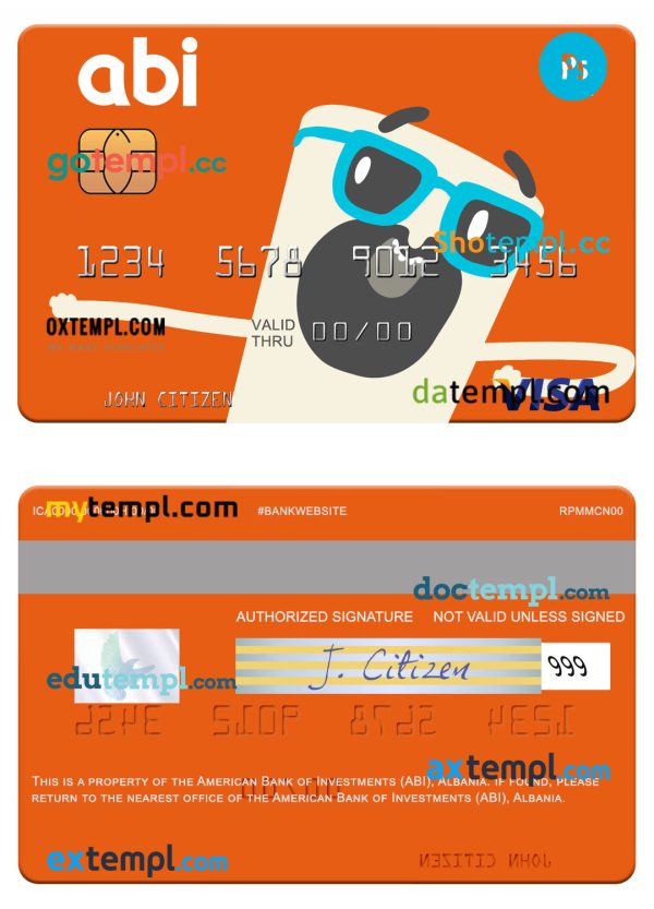 Albania American Bank of Investments (ABI) visa card template in PSD format