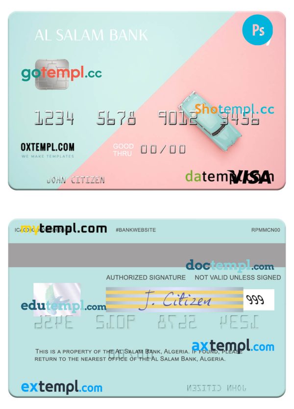 Algeria Al Salam Bank visa card template in PSD format