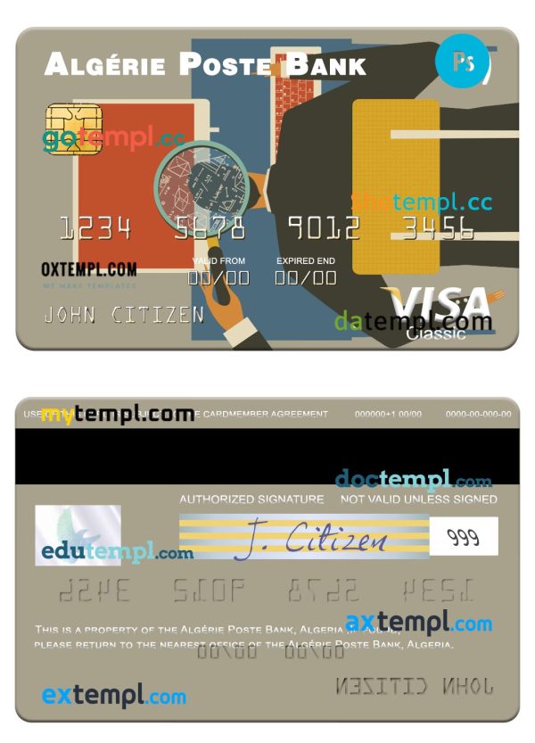 Algeria Algérie Poste Bank visa card template in PSD format