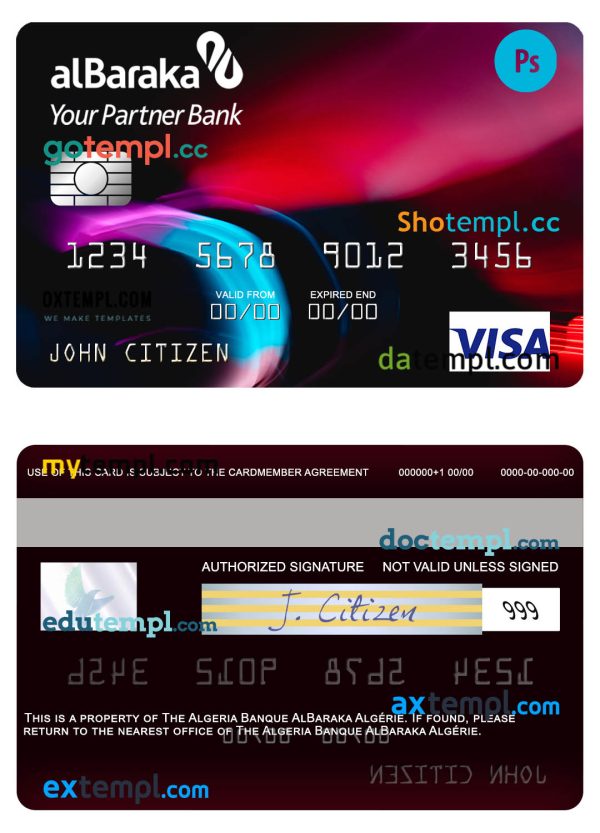 Algeria Banque AlBaraka Algérie visa card template in PSD format