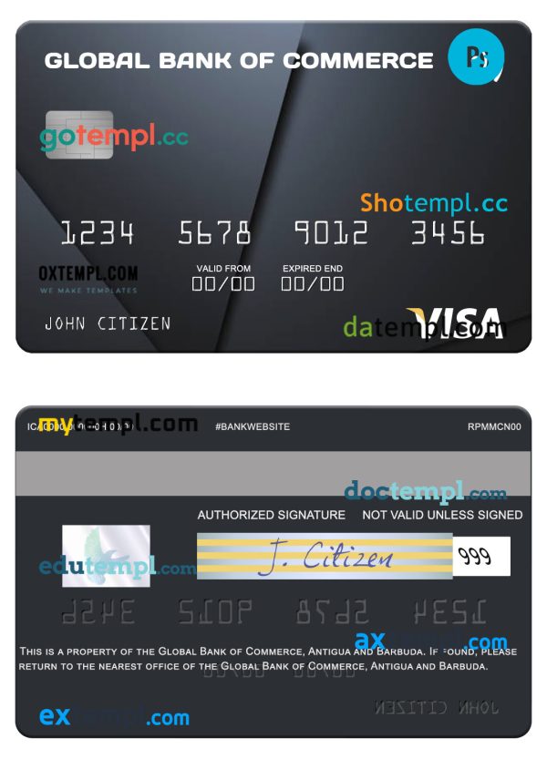 Antigua and Barbuda Global Bank of Commerce visa card template in PSD format