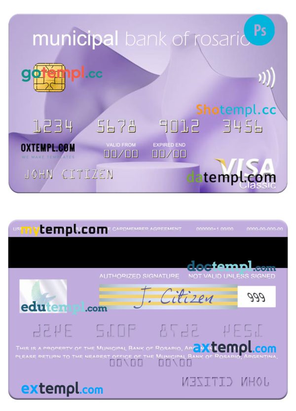 Argentina Municipal Bank of Rosario visa card template in PSD format