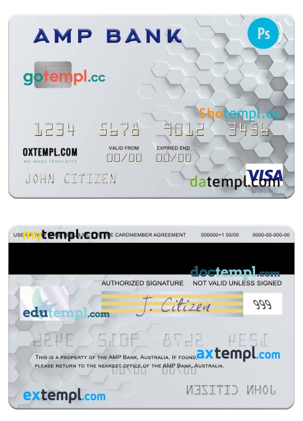 Australia AMP Bank visa card template in PSD format