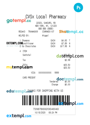 CVSx LOCAL PHARMACY payment receipt PSD template