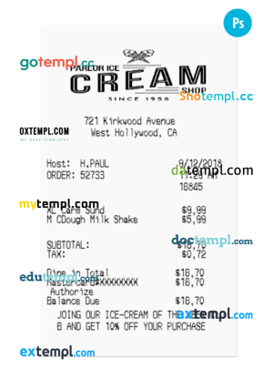 ICE CREAM SHOP payment check PSD template