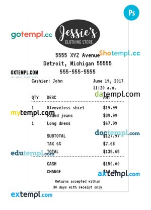 JESSIE'S CLOTHING STORE receipt PSD template