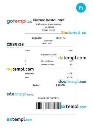 KIWANA RESTAURANT payment check PSD template
