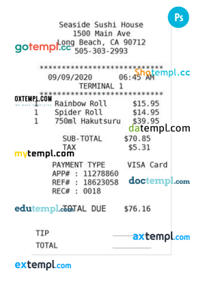 SEASIDE SUSHI HOUSE payment receipt PSD template