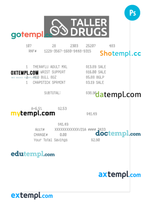 TALLER DRUGS payment receipt PSD template