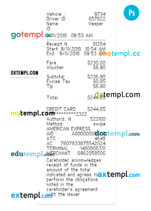 TAXI payment receipt template PSD template