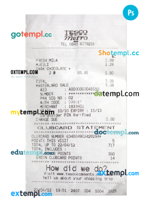 TESCO payment receipt PSD template