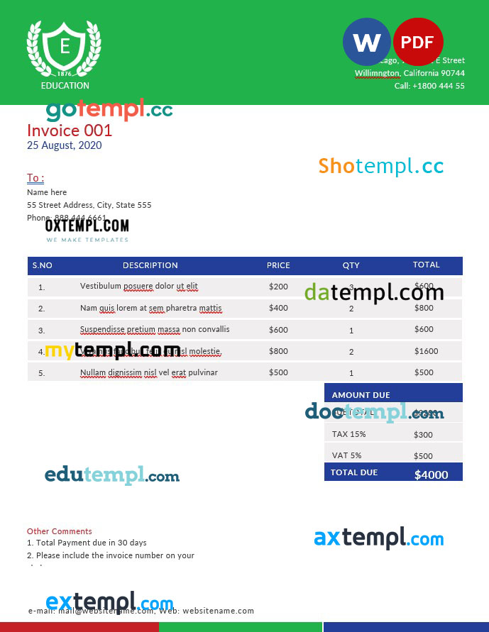 A4 Education Invoice template in word and pdf format