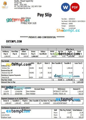 AUSTRALIA AUDIO Visual SuperCity payslip pay stub template in Word and PDF formats