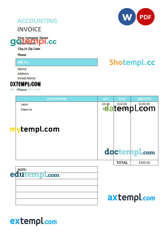 Accounting Service Invoice template in word and pdf format