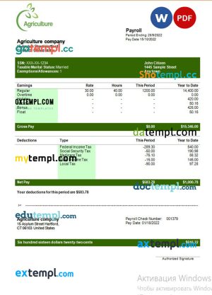 Agricultural company payroll template in Word and PDF formats