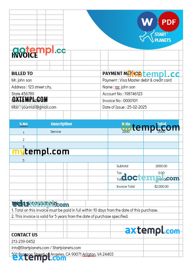 Airlines Aviation Services Invoice template in word and pdf format