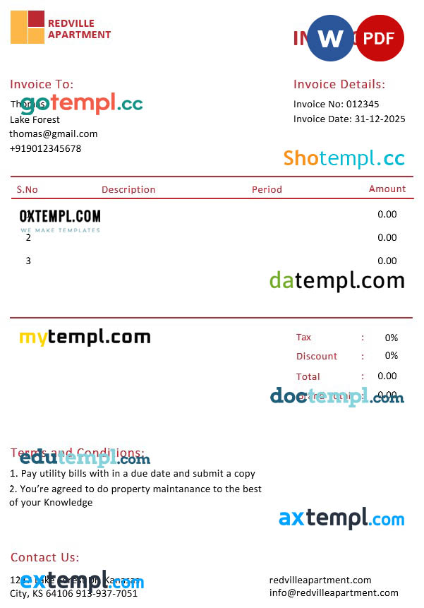 Apartment Rental Invoice template in word and pdf format