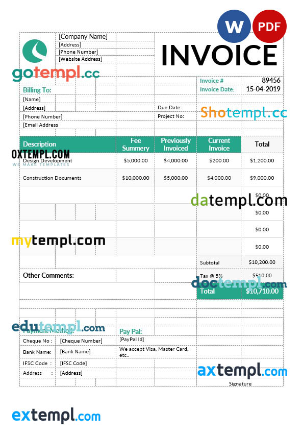 Architect Invoice template in word and pdf format