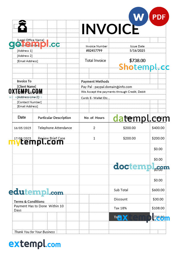 Attorney Invoice template in word and pdf format