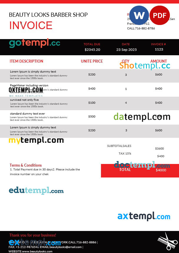 Barbershop Invoice template in word and pdf format