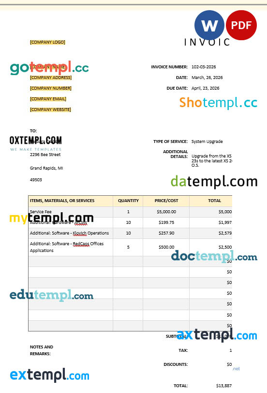 Basic IT Invoice template in word and pdf format