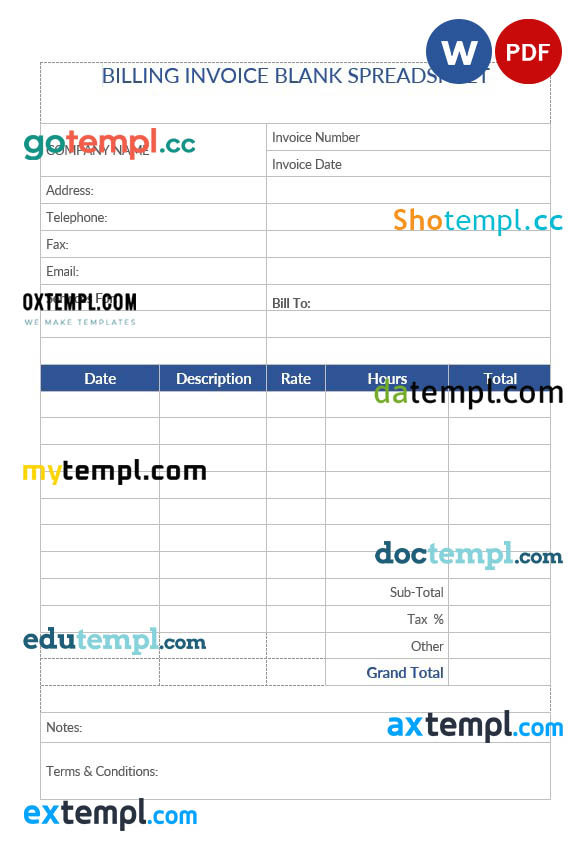 Billing Invoice Blank Spreadsheet template in word and pdf format