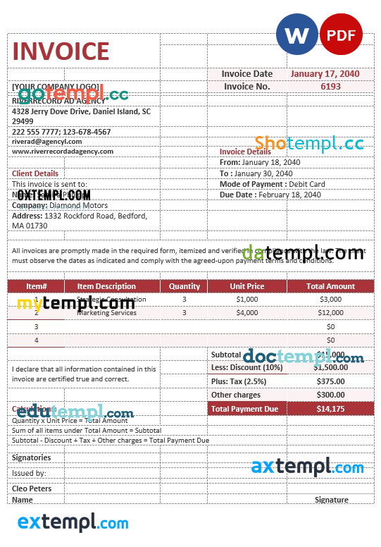 Blank Advertising Agency Invoice template in word and pdf format