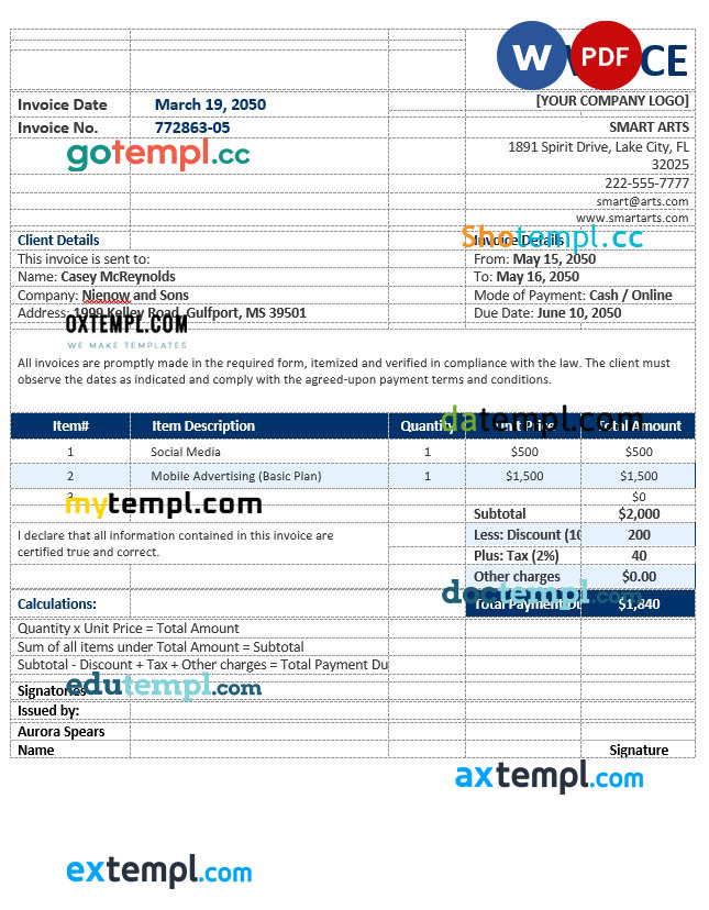 Blank Agency Invoice template in word and pdf format