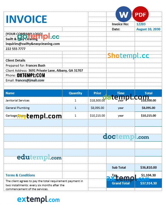 Blank Cleaning Service Invoice template in word and pdf format