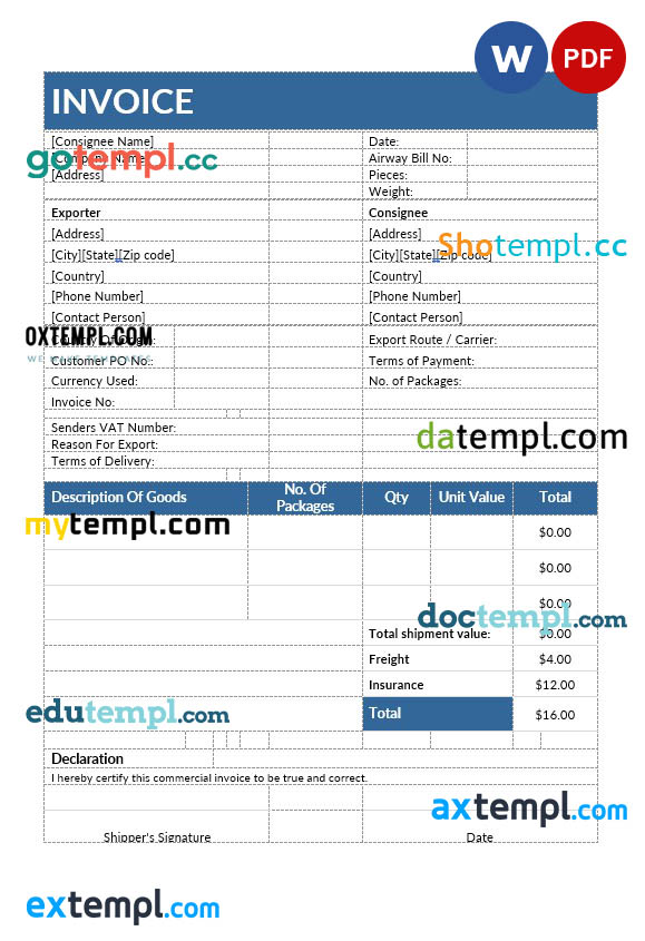 Blank Commercial Invoice template in word and pdf format