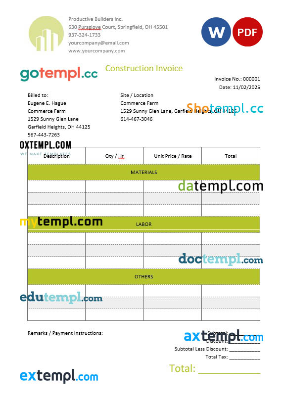 Blank Construction Invoice template in word and pdf format