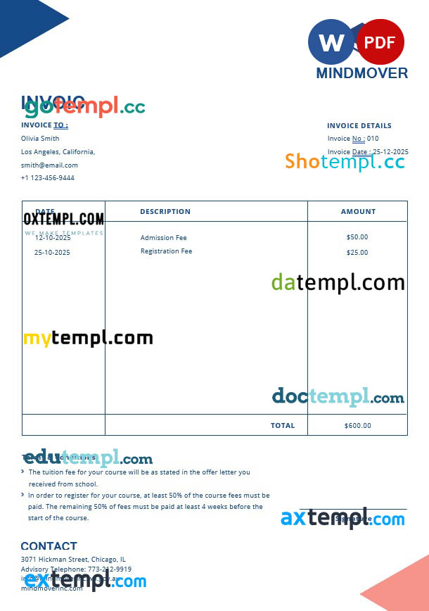Blank Education Invoice template in word and pdf format