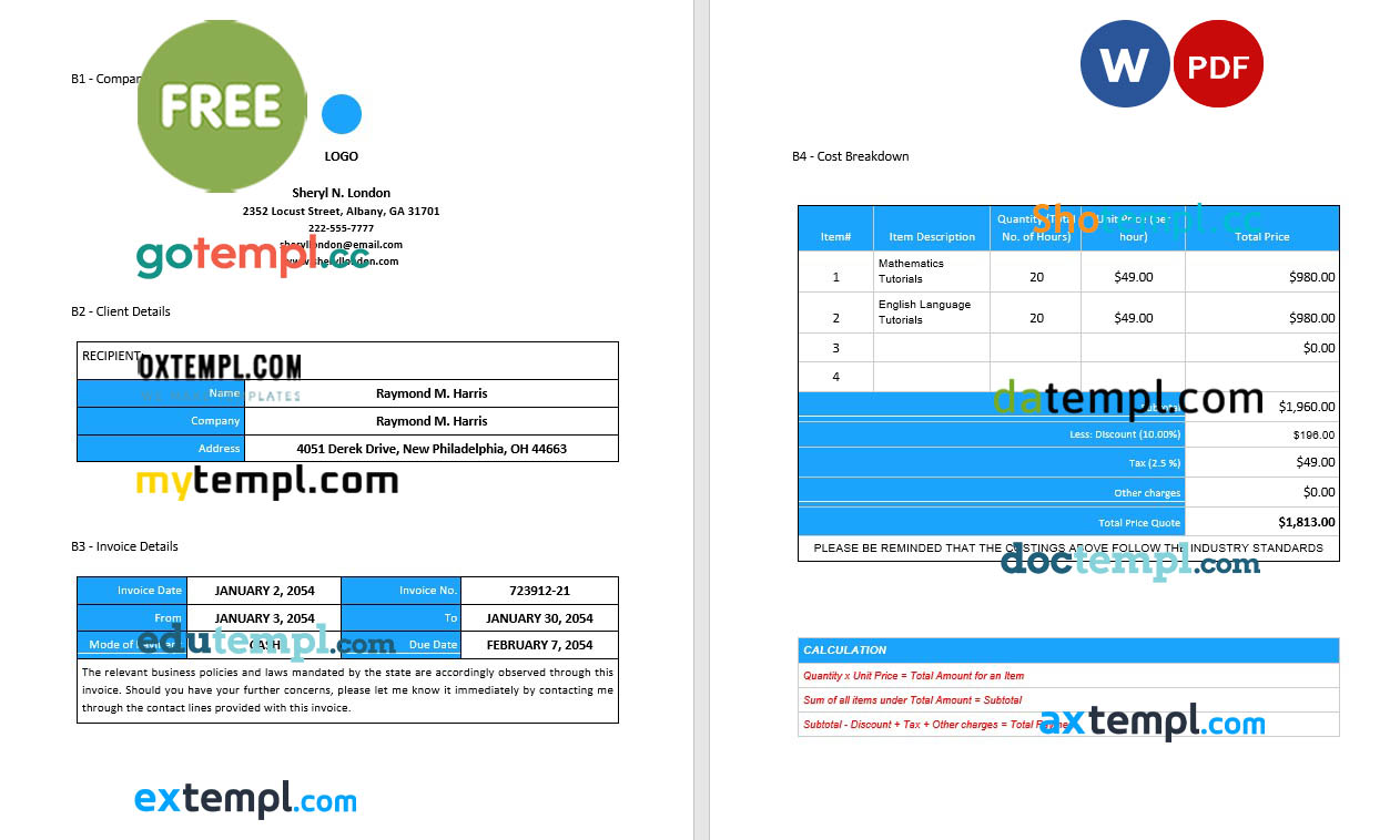Free Blank Freelance Invoice template in word and pdf format