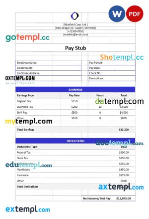 Bluefield Corp. Ltd pay stub Word and PDF template