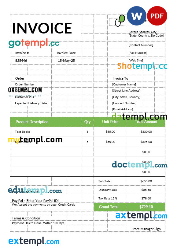 Book Store Invoice template in word and pdf format
