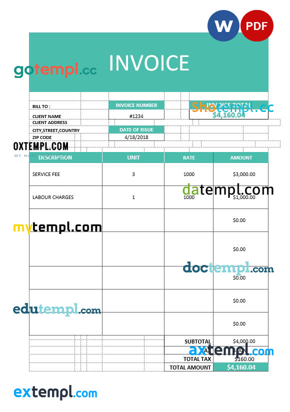 Business Service Invoice template in word and pdf format