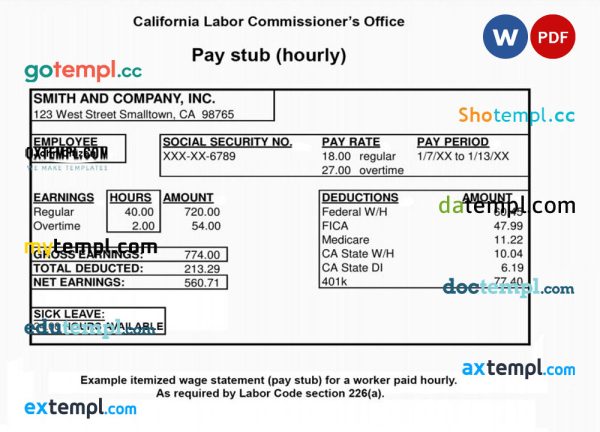 CALIFORNIA Labor Commissioner's office pay stub template in PDF and Word format