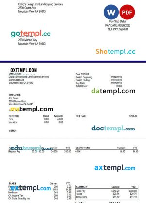 CRAIG'S Design and Landscapin Services pay stub template in Word and PDF formats
