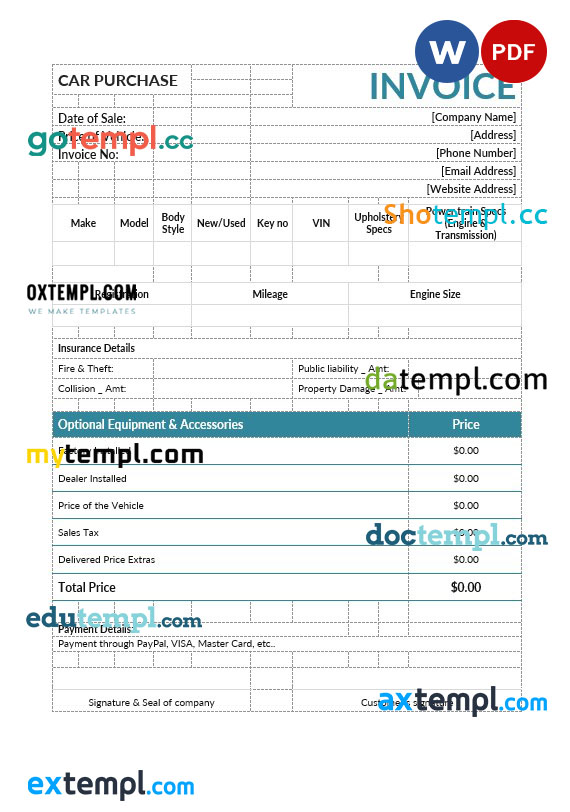 Car purchase invoice template in word and pdf format