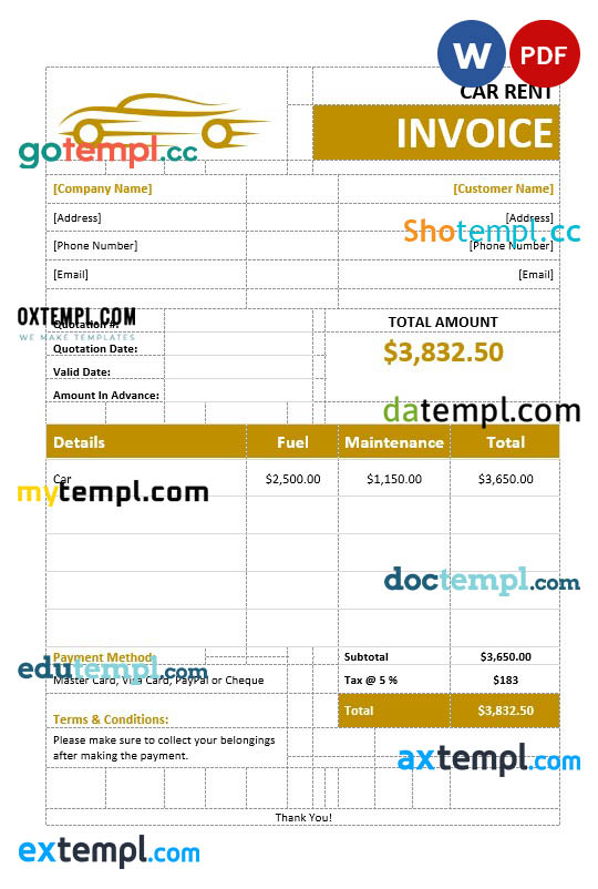 Car Rental Invoice template in word and pdf format