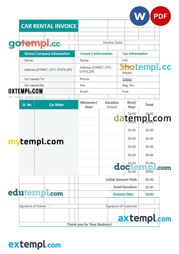 Car Rental Service Invoice template in word and pdf format