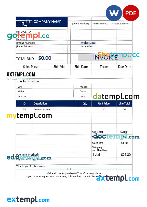 Car sales invoice template in word and pdf format