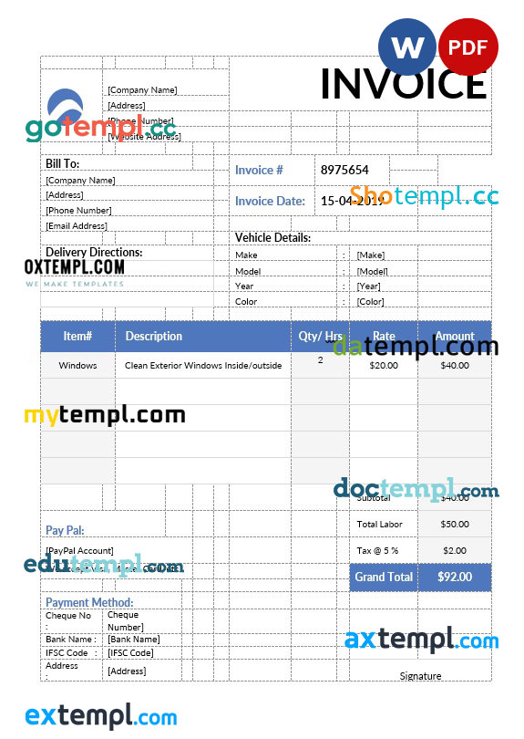 Car Wash Invoice template in word and pdf format