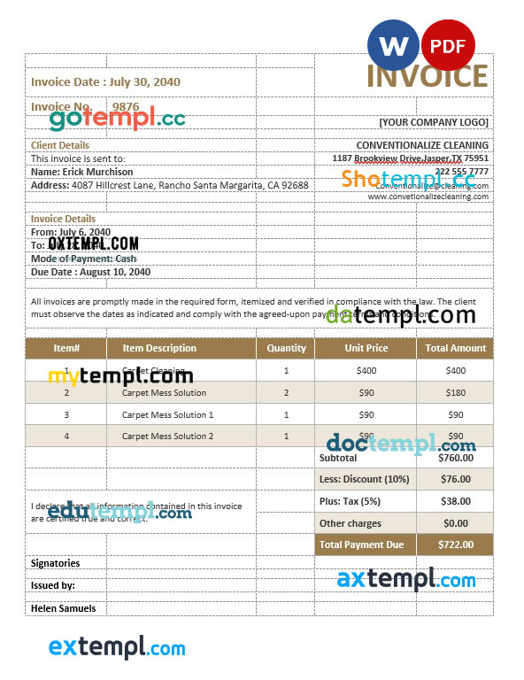 Carpet Cleaning Service Invoice template in word and pdf format