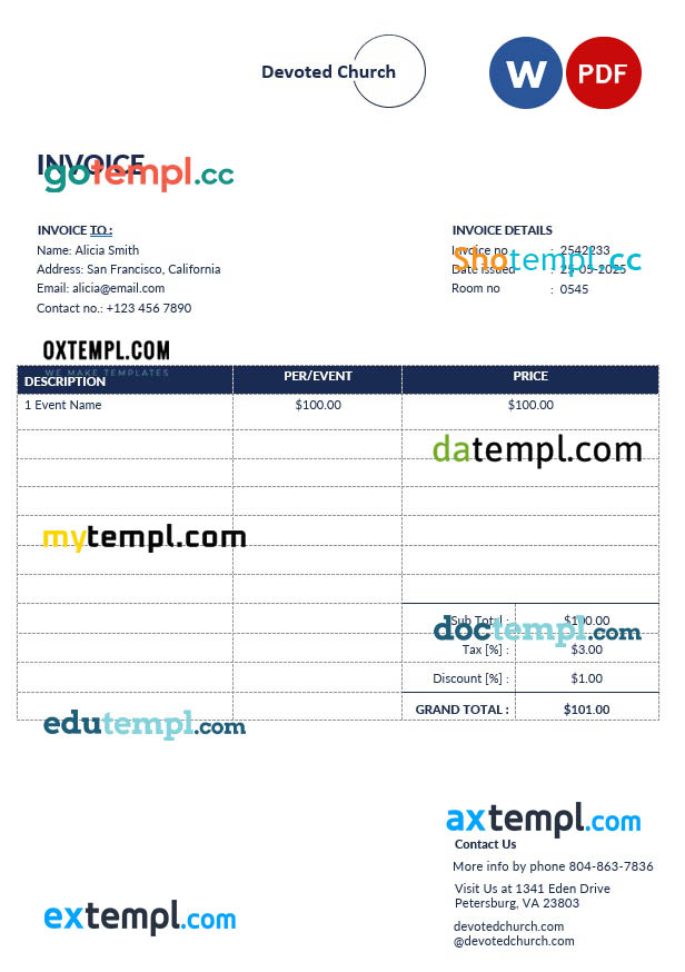 Church Service Invoice template in word and pdf format