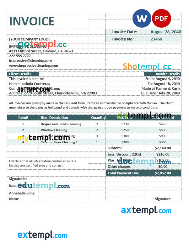 Cleaning Company Invoice template in word and pdf format